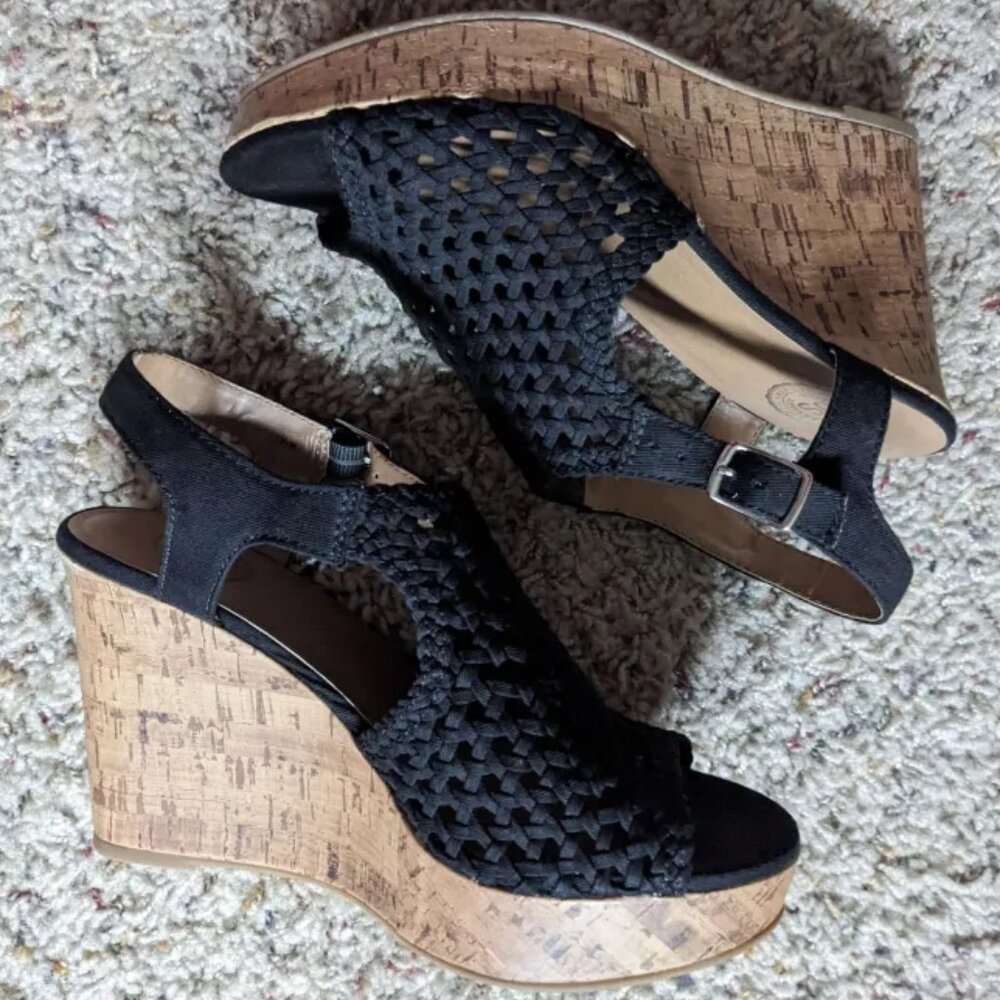 SO Black Taffy Woven Open-Toe 4-Inch Wedges